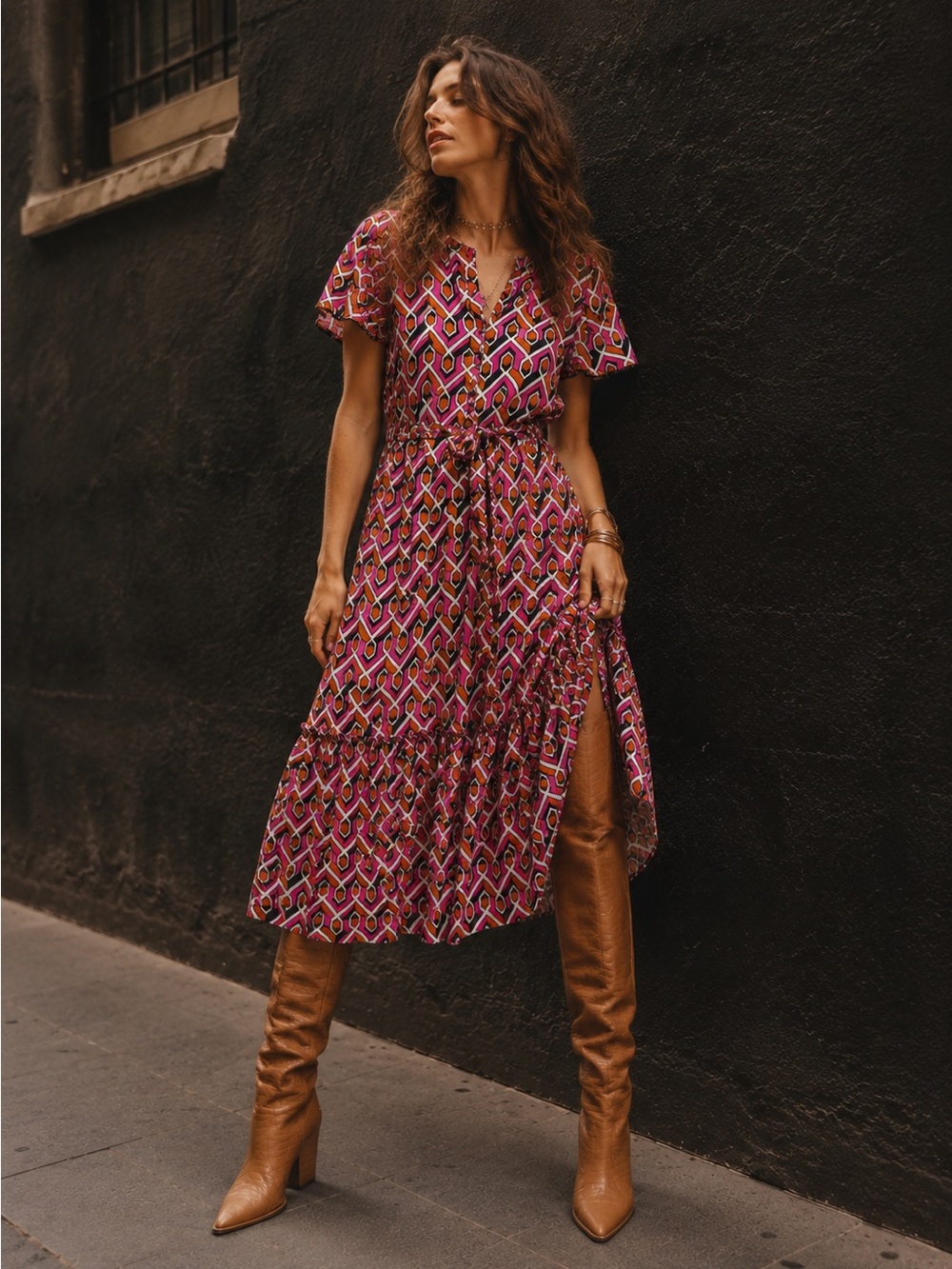 Anthropologie Corey Lynn Calter pink brown geometric Annabelle midi dress petite
